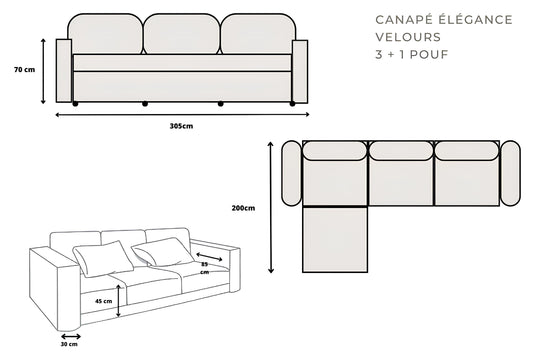 Canapé modulable 4 places velours Camille